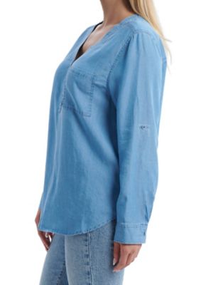 Image showing  Women's 1-Pocket Lyocell Denim Wash Long-Sleeve Henley Button-Down Shirt with Roll Tab