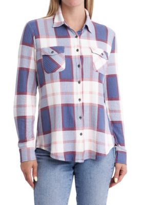 Como Vintage Women's 2-Pocket Supersoft Rib Knit Plaid Long-Sleeve Button-Down Shirt