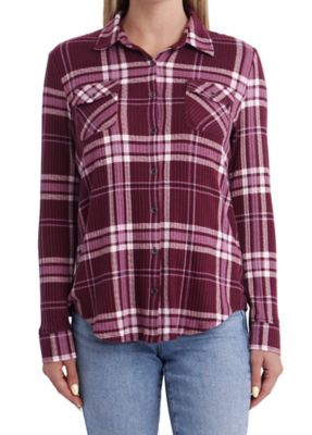 Como Vintage Women's 2-Pocket Supersoft Rib Knit Plaid Long-Sleeve Button-Down Shirt
