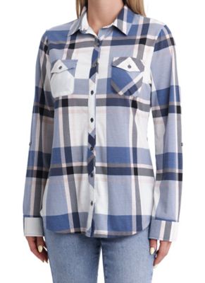 Como Vintage Women's 2-Pocket Knit Plaid Long-Sleeve Button-Down Shirt, CS7928TSC9