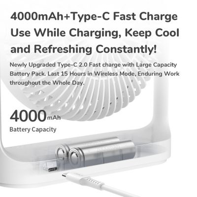 Image showing  Desk Fan 4000mAh Battery Operated Desktop Fan with 4 Speeds, Max 15 Hrs, Strong Airflow, Ultra Quiet, FA19, White