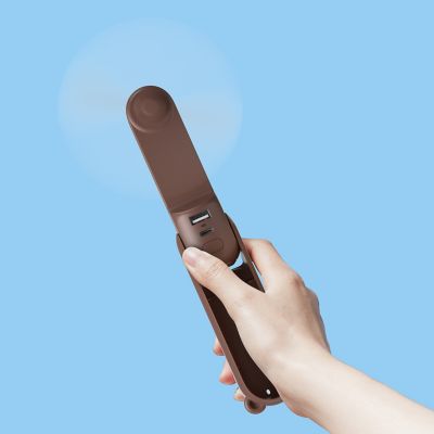 Image showing  Small Handheld 3 in 1 Hand Fan and Portable USB 4500mAh battery Rechargeable Pocket Fan, F8X, Brown