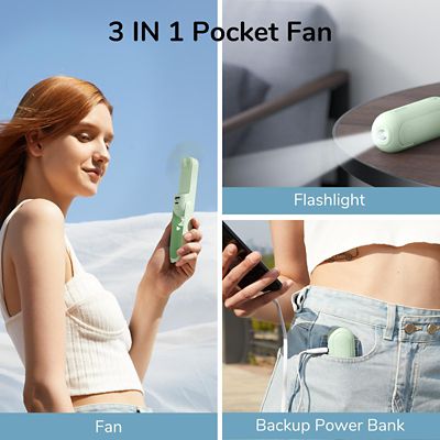 Image showing  Small Handheld 3 in 1 Hand Fan and Portable USB 4500mAh battery Rechargeable Pocket Fan, F8X, Green