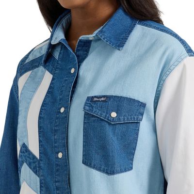 Image showing 2 th Wrangler Women's Pieced Boyfriend Fit Western Denim Shirt