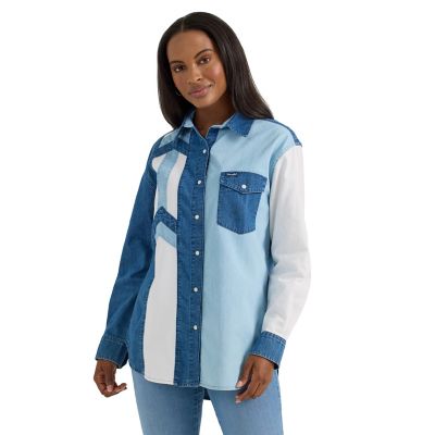 Wrangler Women's Pieced Boyfriend Fit Western Denim Shirt