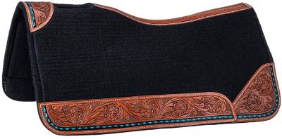 Tough-1 Ranahan Felt Saddle Pad With Tooled Leather, Turquoise Buckstitch