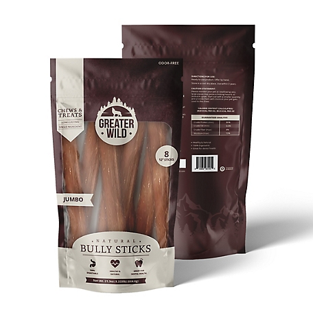 Greater Wild All Natural Ingredient 12" JUMBO Bully Sticks, Chews & Treats for Dogs - 8 Sticks