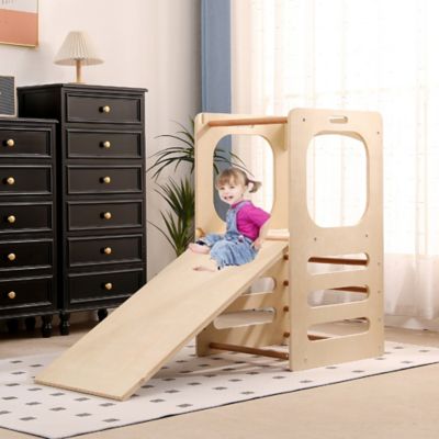 Image showing 5 th Funphix Kids Step Stool Learning Helper Tower Kitchen Stool with Chalkboard and Slide, FPX-STOOL-CHLK