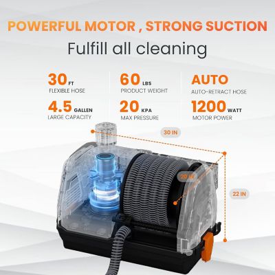 Image showing 5 th Giraffe Tools Retractable Vacuum Cleaner 30 ft. Hose, Wall Mounted, Wet, Dry Versatility, 20KPA, Remote Control, Black