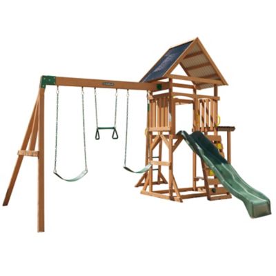 KidKraft Lawnmeadow Wooden Swing Set, Playset with Slide, Sandbox, Telescope & Monkey Bars, F29070