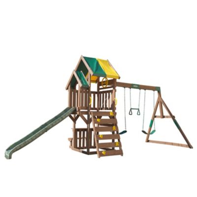 KidKraft Arbor Crest Wooden Swing Set, Playset with Table and Bench, Slide and Swings, F29110