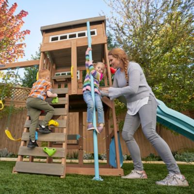 Image showing  Modern Outdoor Wooden Swing Set / Playset with Fireman's Pole, Reversible Bench