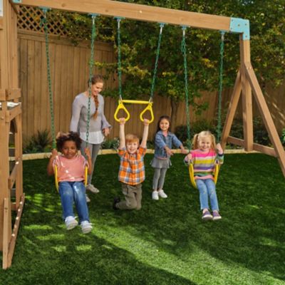 Image showing  Modern Outdoor Wooden Swing Set / Playset with Fireman's Pole, Reversible Bench