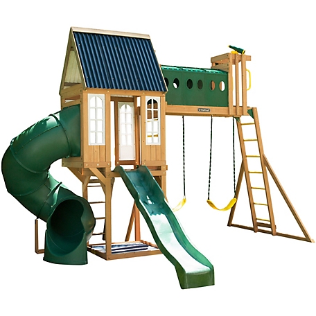 KidKraft Skyway Resort Wooden Outdoor Swing Set, Playset with Tunnel, Tube Slide and Swings, F29340