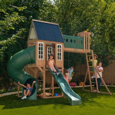 Image showing  Skyway Resort Wooden Outdoor Swing Set, Playset with Tunnel, Tube Slide and Swings