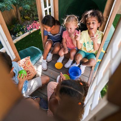 Image showing  Skyway Resort Wooden Outdoor Swing Set, Playset with Tunnel, Tube Slide and Swings