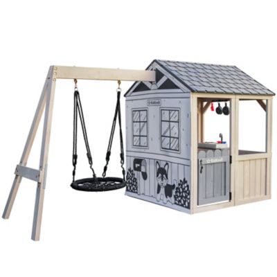 KidKraft Savannah Swing Wooden Outdoor Playhouse with Web Swing and Play Kitchen, P280169E