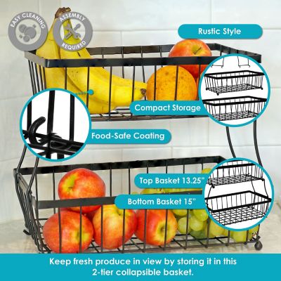 Image showing  Indoor Metal Wire 2-Tier Collapsible Tabletop Storage Basket - Black