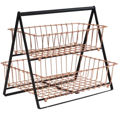 Sunnydaze Decor Indoor Rectangle Iron 2-Tier Decorative Storage Basket for Kitchen Countertop - Copper