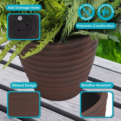 Image showing 2 th Sunnydaze Decor Indoor/Outdoor Ribbed Polyresin Planter Pot with Double Wall Design, Rust, 13 in.