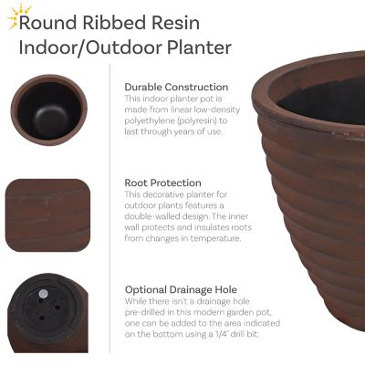Image showing 8 th Sunnydaze Decor Indoor/Outdoor Ribbed Polyresin Planter Pot with Double Wall Design, Rust, 13 in.