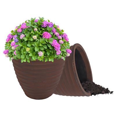 Image showing  Indoor/Outdoor Ribbed Polyresin Planter Pot with Double Wall Design - Rust - 13 in. - 2pk