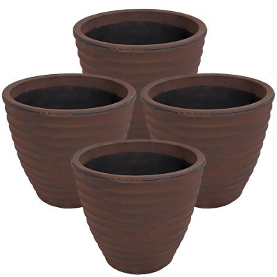 Sunnydaze Decor Indoor/Outdoor Ribbed Polyresin Planter Pot with Double Wall Design - Rust - 13 in. - 4pk