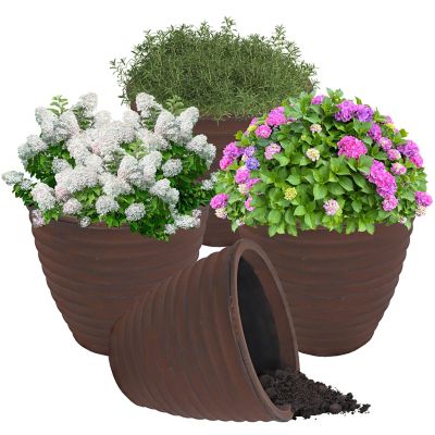 Image showing  Indoor/Outdoor Ribbed Polyresin Planter Pot with Double Wall Design - Rust - 13 in. - 4pk