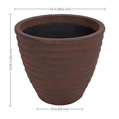 Image showing  Indoor/Outdoor Ribbed Polyresin Planter Pot with Double Wall Design, Rust, 16 in.