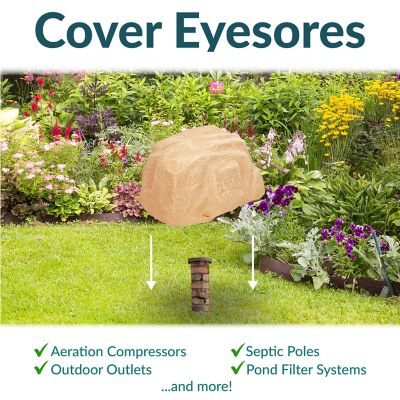 Image showing  Outdoor Low-Profile Polyresin Landscape Rock Septic Cover with Stakes, Sand, 14 in.