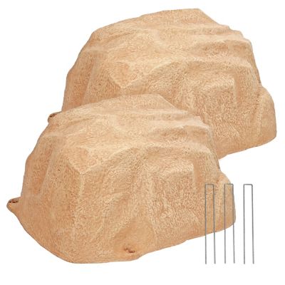 Sunnydaze Decor Outdoor Low-Profile Polyresin Landscape Rock Septic Cover with Stakes - Sand - 14 in. - 2pk