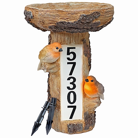 Sunnydaze Decor Staked Country Tree Stump Bird Bath with Solar Lighted Address Plate - 15.5 in.