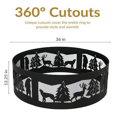 Image showing  Forest Wilderness Heavy-Duty Steel Fire Pit Ring with 360-Degree Wildlife Cutouts - 36 in. Round - Black