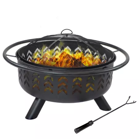 Sunnydaze Decor Heavy Duty Steel Arrow Pattern Fire Pit with Spark Screen Built-in Grate and Lid - 36" Round - Black Fire Pits