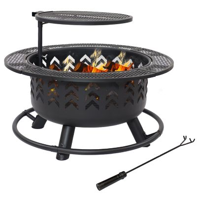 Sunnydaze Decor Arrow Motif Heavy-Duty Steel Fire Pit with Cooking Grate, and PVC Cover - 32-Inch Round - Black