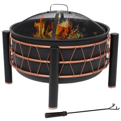 Sunnydaze Decor Steel Fire Pit with Bronze Trapezoid Pattern and PVC Cover - 24.5 in. Round - Black