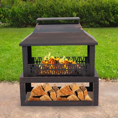 Image showing  Backyard Blaze Heavy-Duty Steel Outdoor Fireplace, Built-In Log Storage & Cover, 35 in., Brushed Bronze