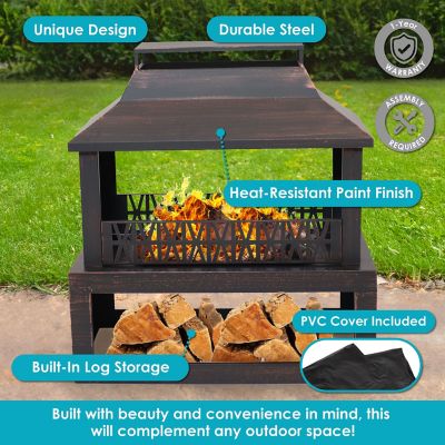Image showing  Backyard Blaze Heavy-Duty Steel Outdoor Fireplace, Built-In Log Storage & Cover, 35 in., Brushed Bronze