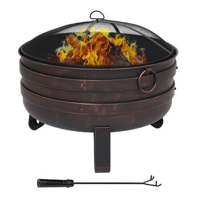 Sunnydaze Decor Heavy-Duty Steel Cauldron Fire Pit with Spark Screen and PVC Protective Cover - 28.5-Inch Round - Brushed Bronze