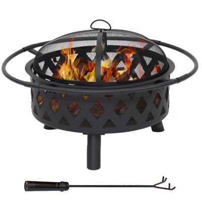 Sunnydaze Decor Crossweave Heavy-Duty Steel Outdoor Fire Pit with Spark Screen, Poker, Grill, and Cover, 30 in. Round, Black