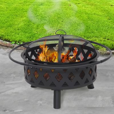 Image showing  Crossweave Heavy-Duty Steel Outdoor Fire Pit with Spark Screen, Poker, Grill, and Cover, 30 in. Round, Black