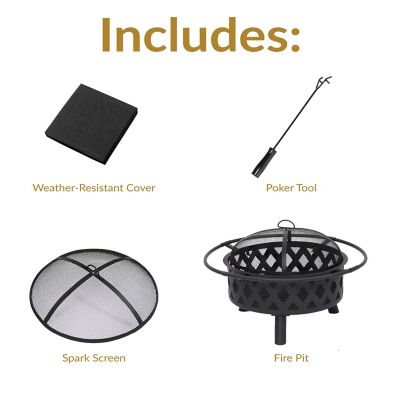 Image showing  Crossweave Heavy-Duty Steel Outdoor Fire Pit with Spark Screen, Poker, Grill, and Cover, 30 in. Round, Black