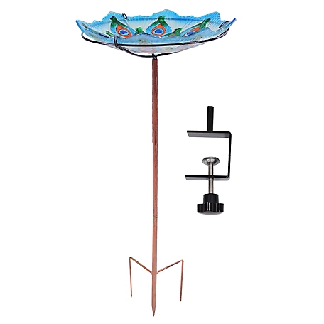 Sunnydaze Decor Exquisite Feathers Deck-Mounted/Staked Glass Bird Bath - 11 in. Diameter - Turquoise