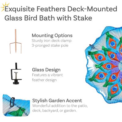 Image showing  Exquisite Feathers Deck-Mounted/Staked Glass Bird Bath - 11 in. Diameter - Turquoise