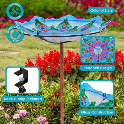 Image showing  Exquisite Feathers Deck-Mounted/Staked Glass Bird Bath - 11 in. Diameter - Turquoise