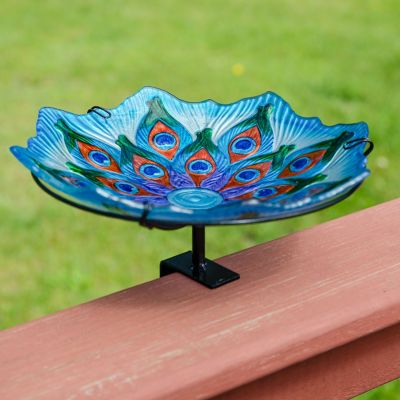 Image showing  Exquisite Feathers Deck-Mounted/Staked Glass Bird Bath - 11 in. Diameter - Turquoise