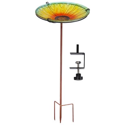 Sunnydaze Decor Deck-Mounted Glass Bird Bath with Stake - Blooming Sunflower