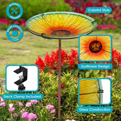 Image showing  Deck-Mounted Glass Bird Bath with Stake - Blooming Sunflower