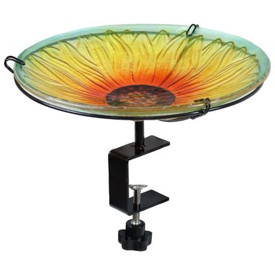 Image showing  Deck-Mounted Glass Bird Bath with Stake - Blooming Sunflower