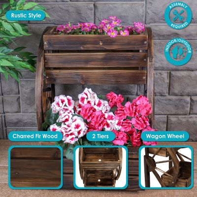 Image showing  Indoor/Outdoor 2-Tiered Rustic Charred Fir Wagon Wheel Planter, 19 W x 14.75 D x 23.5in. H